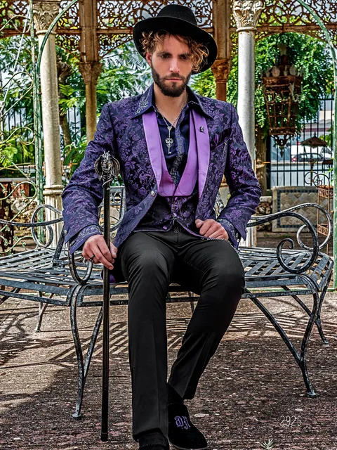 Men's tuxedo jacket in black and purple pure silk with matching waistcoat
