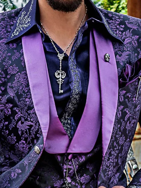 Waistcoat in black and purple silk jacquard