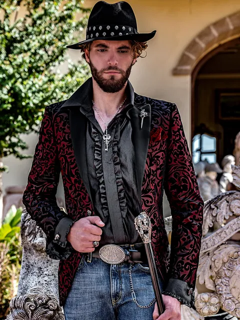 Men's tuxedo blazer in black red velvet fabric with floral patterns