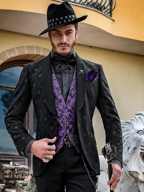 Modern style black tuxedo with silver embroidery and purple silk waistcoat