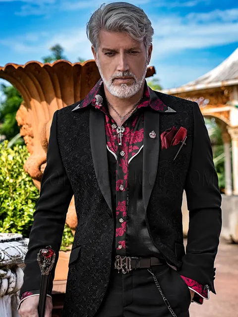 Men's fashion tuxedo in black with tone-on-tone embroidery in country-chic style