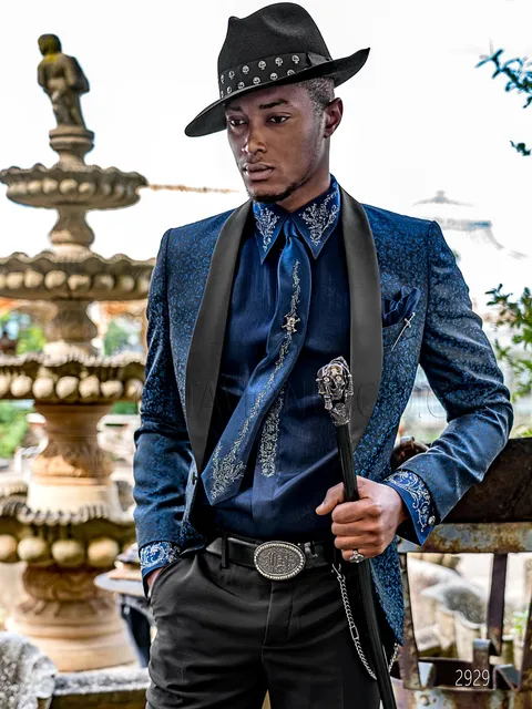 Men's formal tuxedo in modern style blue damask with black trousers