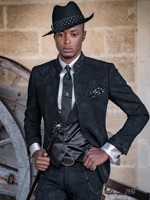 Gothic mandarin collar formal groom suit in black damask, trimming on the collar