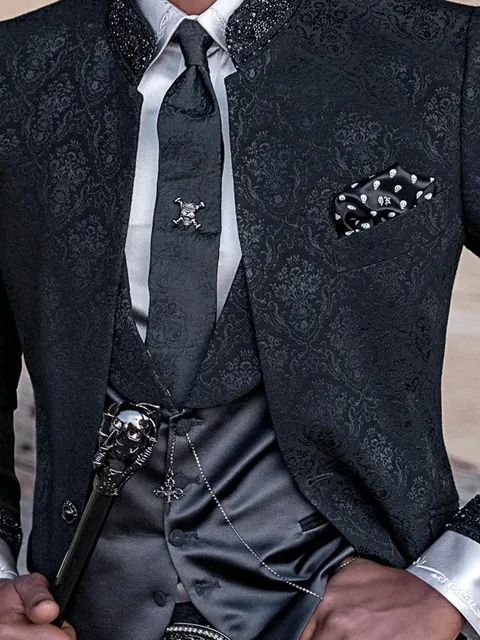 Waistcoat shawl collar in black satin with damask lapel
