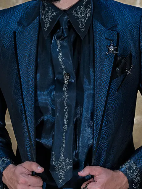 Blue Lurex Shirt and Tie Set with Embroidery