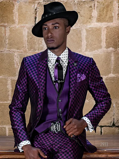 Men's formal suit in vintage chic style with purple and black check pattern