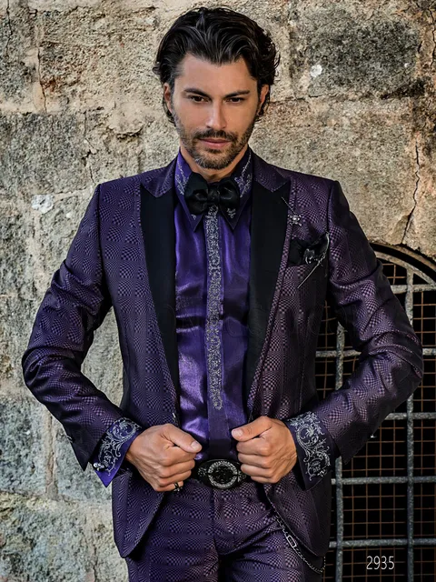 Fashion formal suit in purple optical fabric with black inserts
