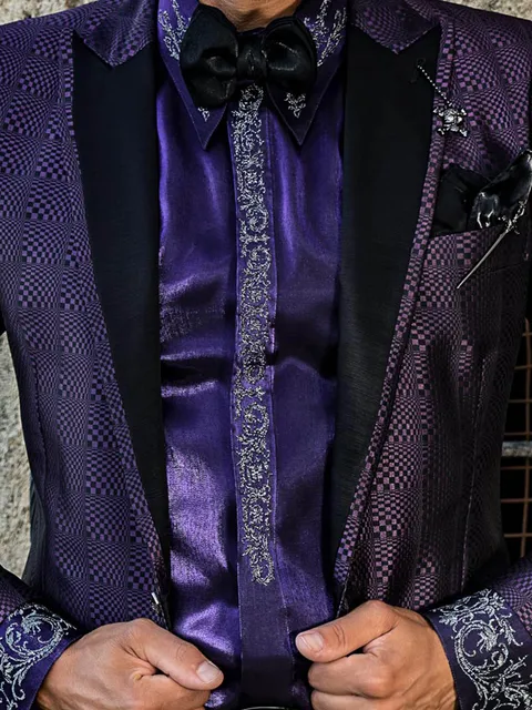 Shirt in purple lurex fabric with silver-black dragon embroidery