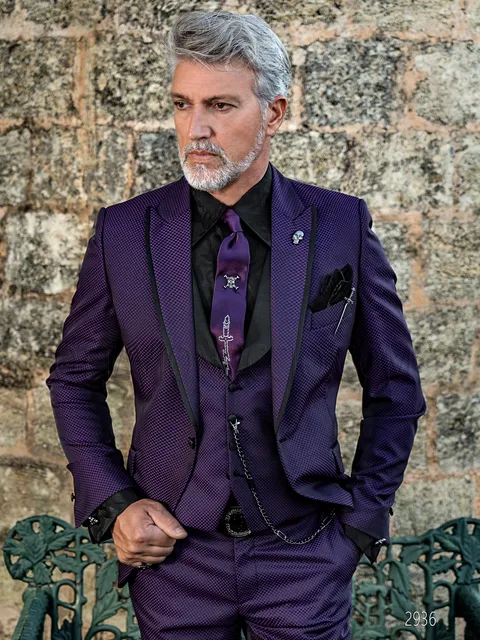 Men's fashion formal suit in purple micro-pattern with black inserts