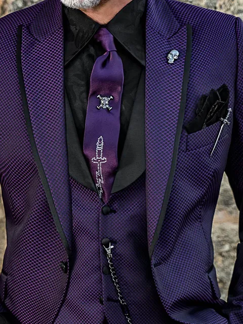 Black and purple micro patterned waistcoat with shawl collar