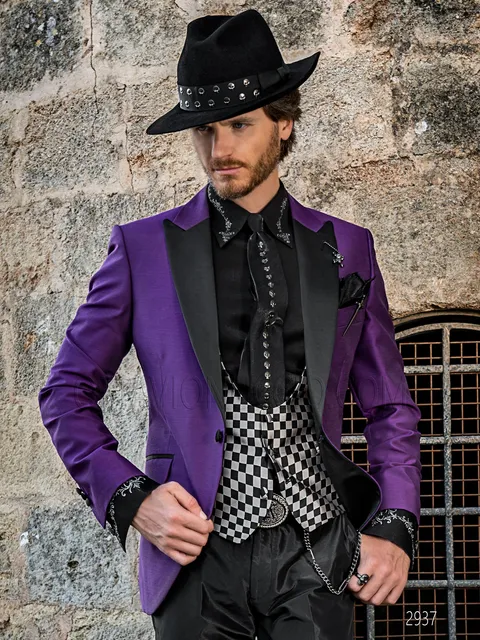 Purple fashion formal jacket, black trousers, waistcoat with “check” pattern