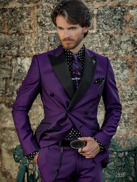 Double-breasted formal suit in purple “honeycomb” fabric with black inserts