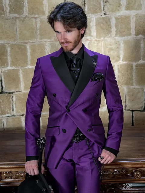 Purple double-breasted formal suit in shiny fabric with black details