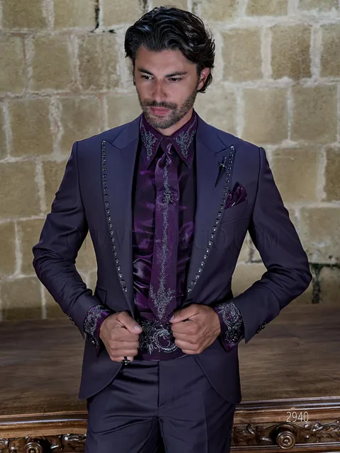 Men's purple vintage Gothic formal suit with skull transfer