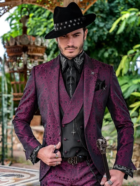 Men's Gothic style fuchsia damask suit with matching waistcoat for ceremonies