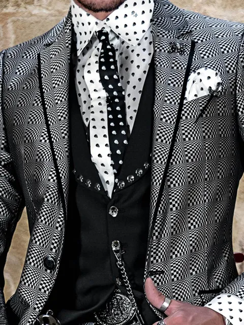 Waistcoat in black wool with transfer print on shawl collar