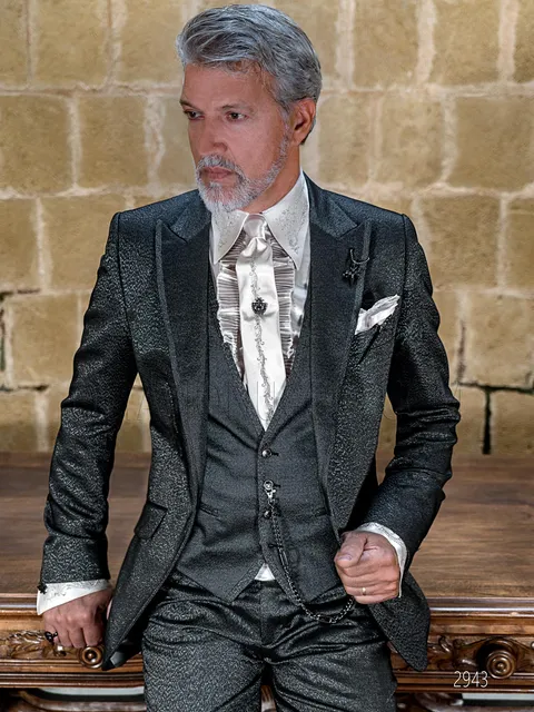 Men's 3-piece fashion formal suit in black laminated fabric in Gothic style