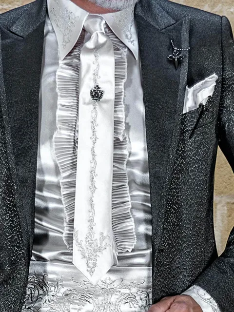 Shirt and accessories in pearl grey satin microfibre with silver dragon embroidery