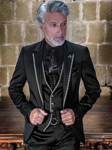 Formal suit with waistcoat in shiny black fabric and white Greek key trim