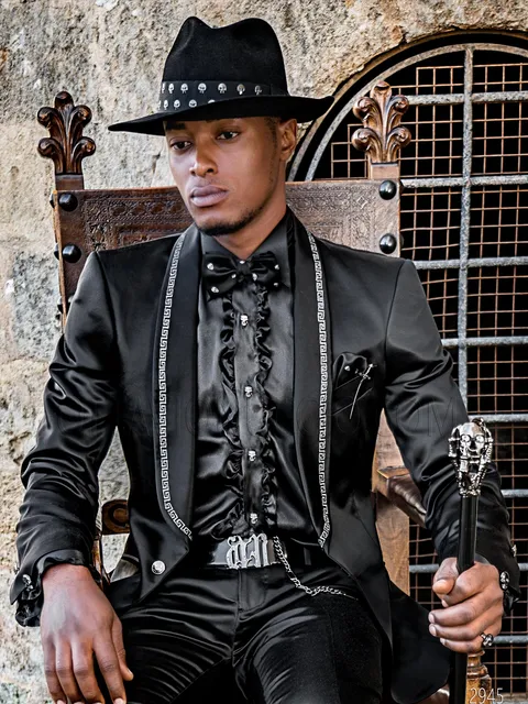 Men's tuxedo in black satin with white Greek key trim for a modern style