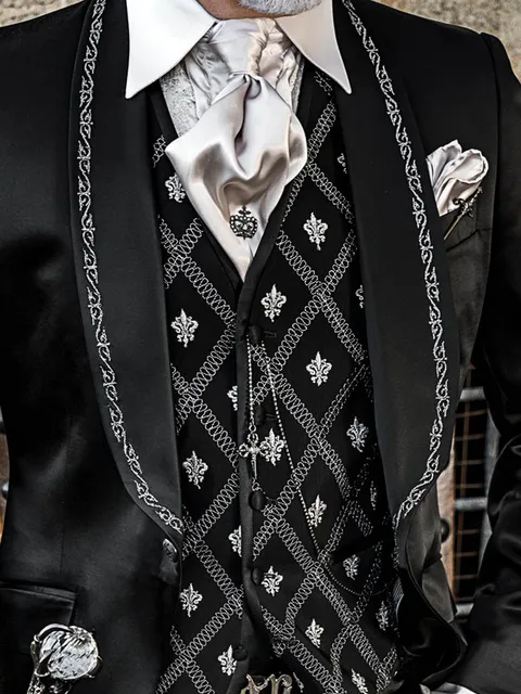 5-button waistcoat in black wool blend with silver embroidery