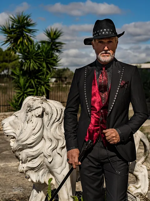 Black steampunk style suit with skull-shaped appliqués