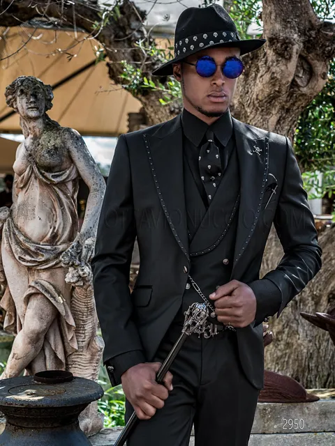 Men's modern steampunk style suit in black cool wool with studs on the lapel