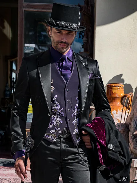Men's suit in black satin with crystal rhinestones in vintage steampunk style