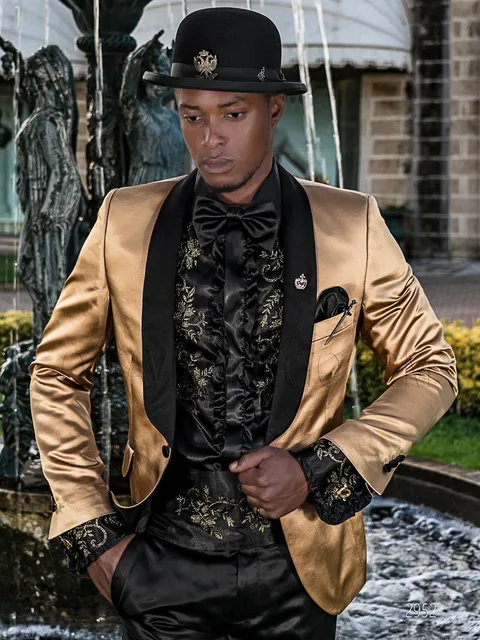 Distinctive fashion style tuxedo in gold satin with black trousers