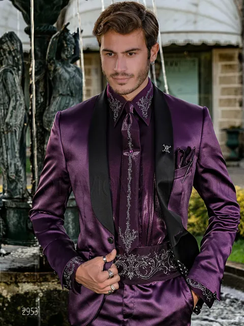 Distinctive fashion style tuxedo in purple satin with black trousers