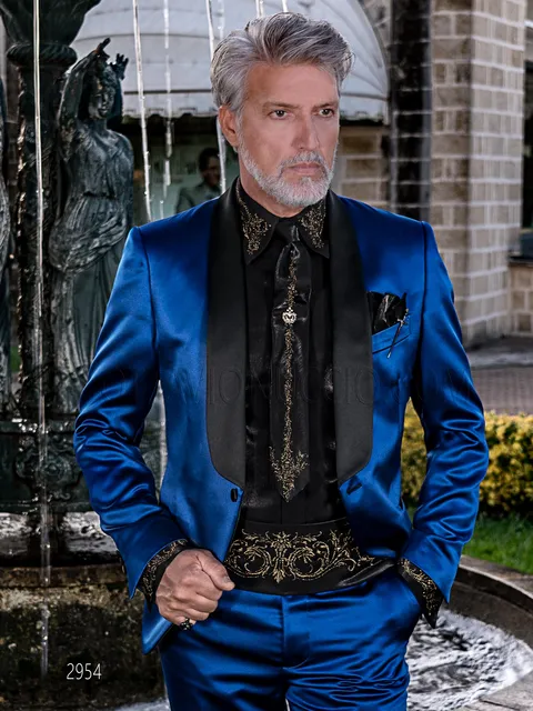 Fashion formal tuxedo in royal blue satin with black shawl collar