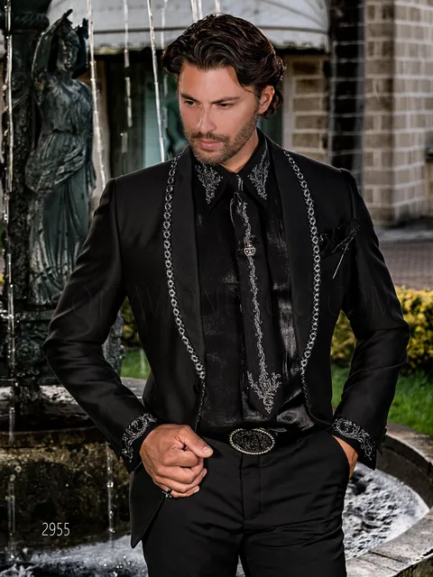 Black formal tuxedo with trimming on shawl collar in modern style