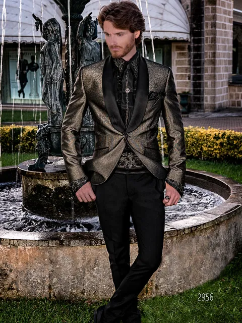 Men's shawl collar fashion formal tuxedo in gold laminate fabric
