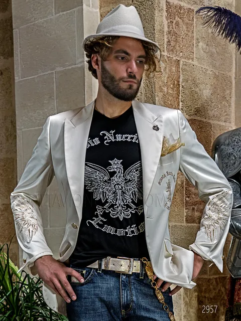 Fashion formal jacket in ivory satin with gold eagle-shaped embroidery
