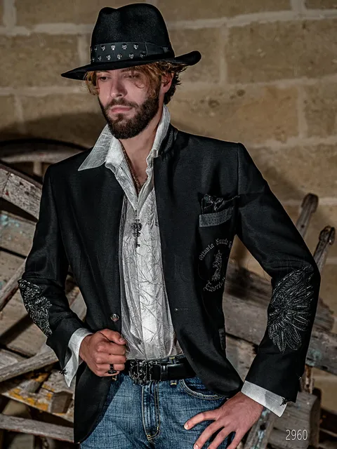 Gothic fashion blazer jacket in black shantung with silver eagle embroidery