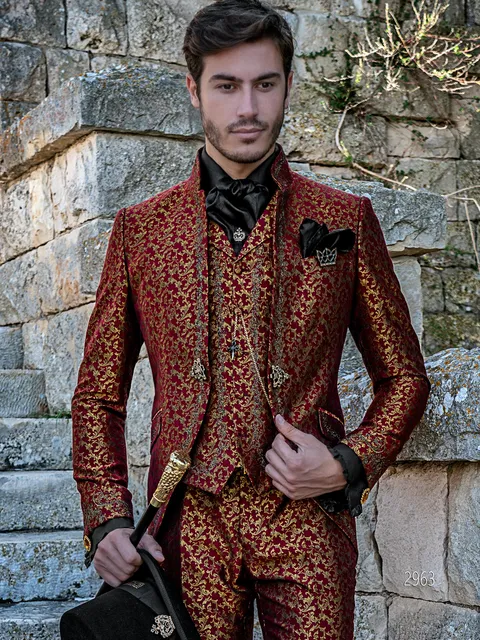 Gothic-style suit in red and gold damask with gold and black embroidery