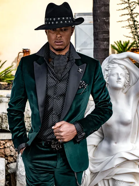 Men's green velvet blazer with black satin lapel, modern steampunk style