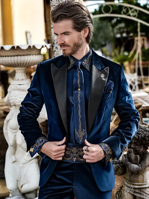 Suit for special events in blue velvet with black satin lapel