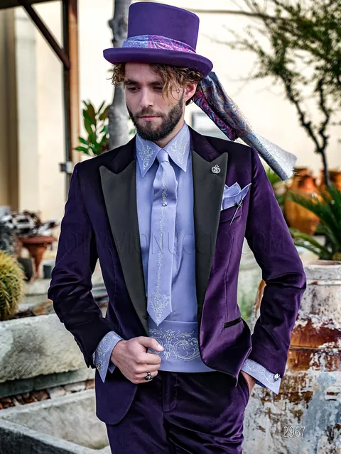 Modern gothic-style tuxedo in purple velvet with black satin lapel