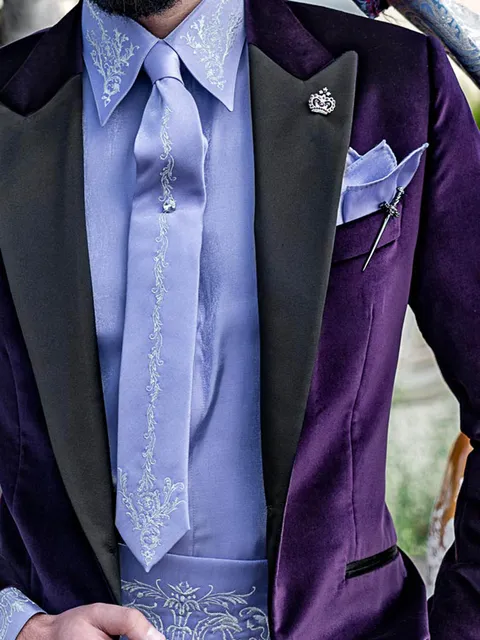 Shirt, Tie and Cummerbund in wisteria lurex fabric with pearled embroidery