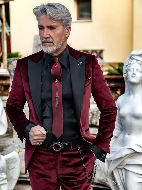 Men's modern tuxedo in burgundy velvet with black satin lapel