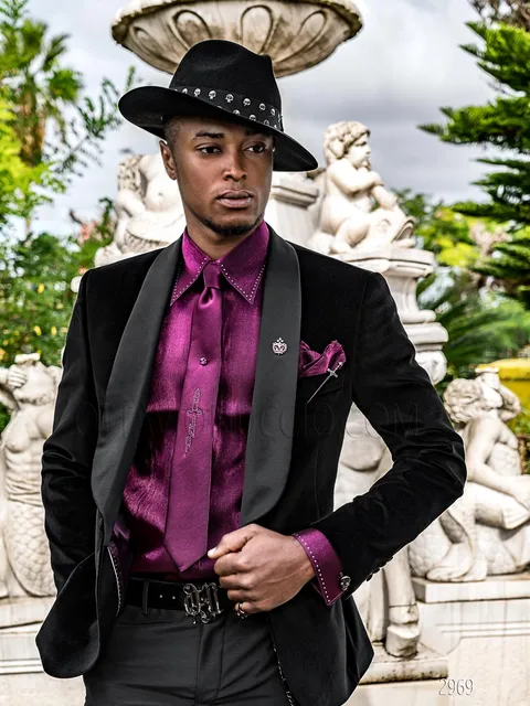 Modern shawl collar tuxedo in gothic black velvet for men