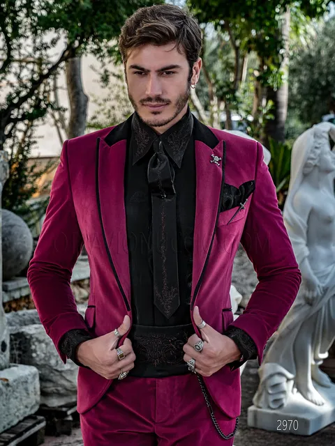 Alternative “shabby-chic” style formal suit in fuchsia velvet