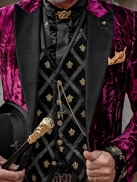 Waistcoat in black cotton with gold embroidery
