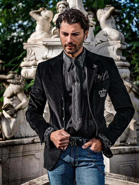 Men's elegant jacket in black velvet with silver crown embroidery