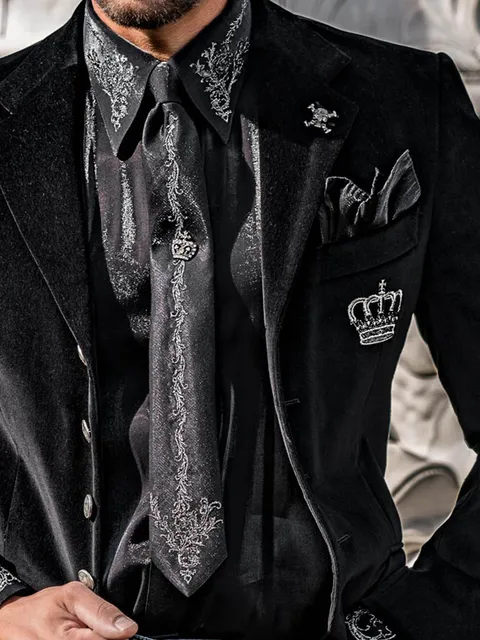 Black Lurex Shirt and Tie Set with Embroidery