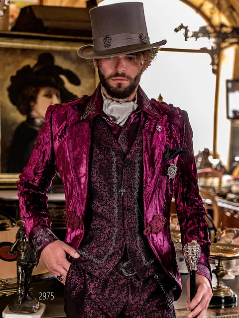 Abito uomo steampunk viola | Giacca velluto stropicciato e pantalone damascato