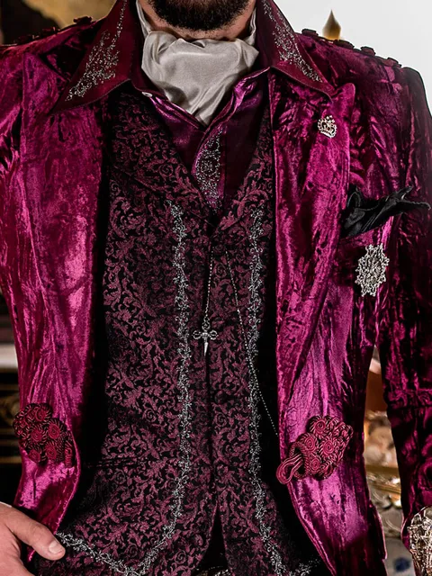 Waistcoat with lapel in purple brocade with black and silver embroidery