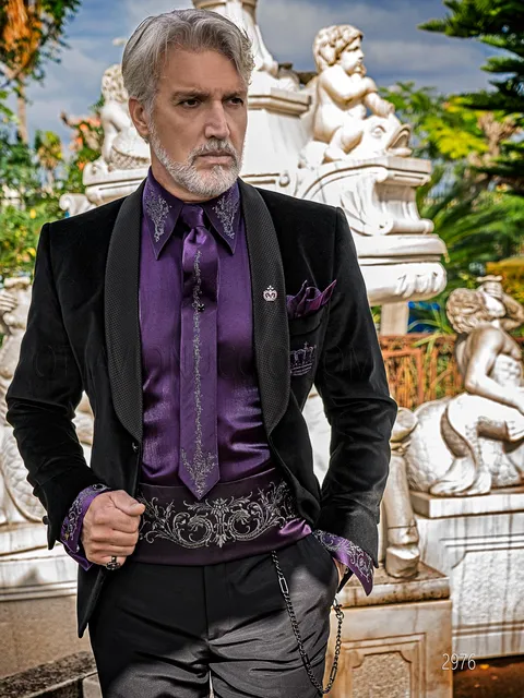 Men's fashion tuxedo in black velvet with purple crown embroidery