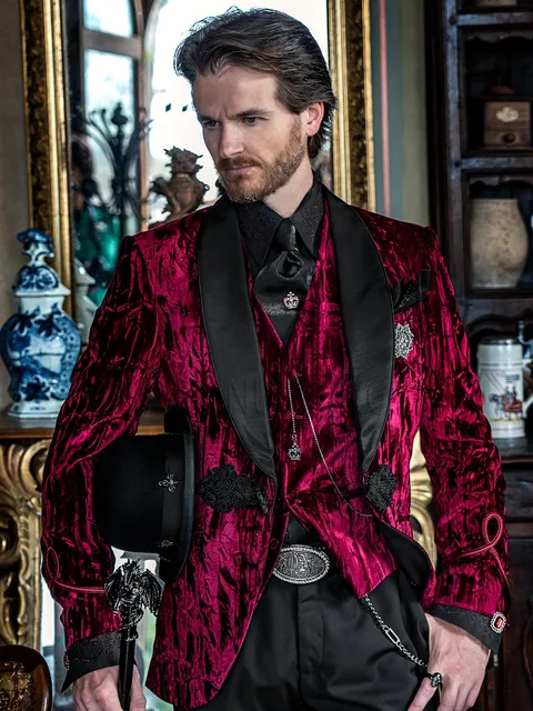 Aristocratic-style shawl lapel tuxedo in red velvet with black trousers